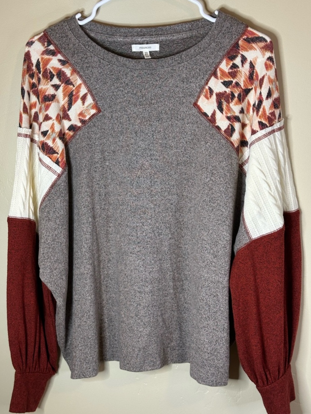 Maurices Medium Boho Cable & Knit Long Sleeve Peasant  Top - P2P 28” Length 26”